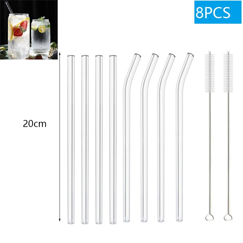 Set of clear glass straws with cleaning brush on a white background, 8 pieces included.