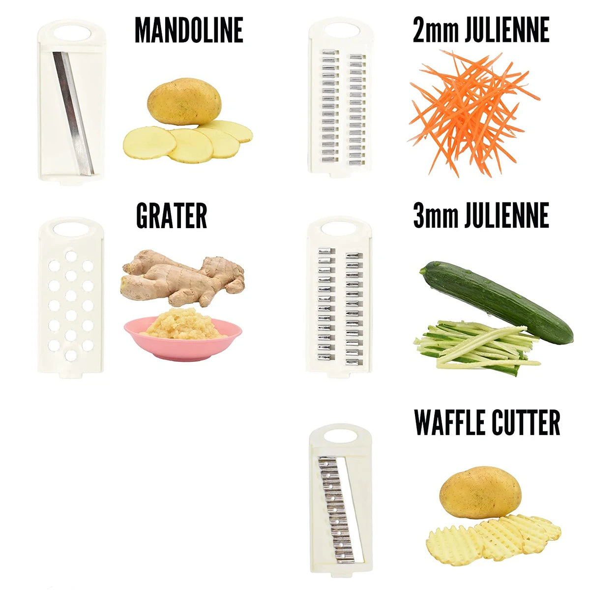 Collection of kitchen tools including a mandoline, grater, and various cut vegetables on a white background.