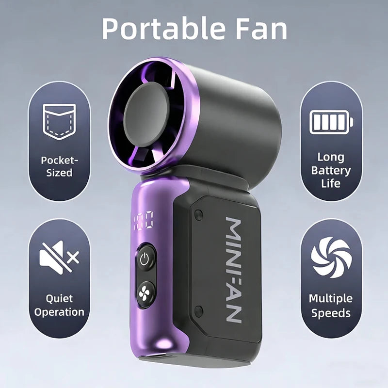 Portable fan with purple accents on a gray background, featuring icons and text highlighting features.