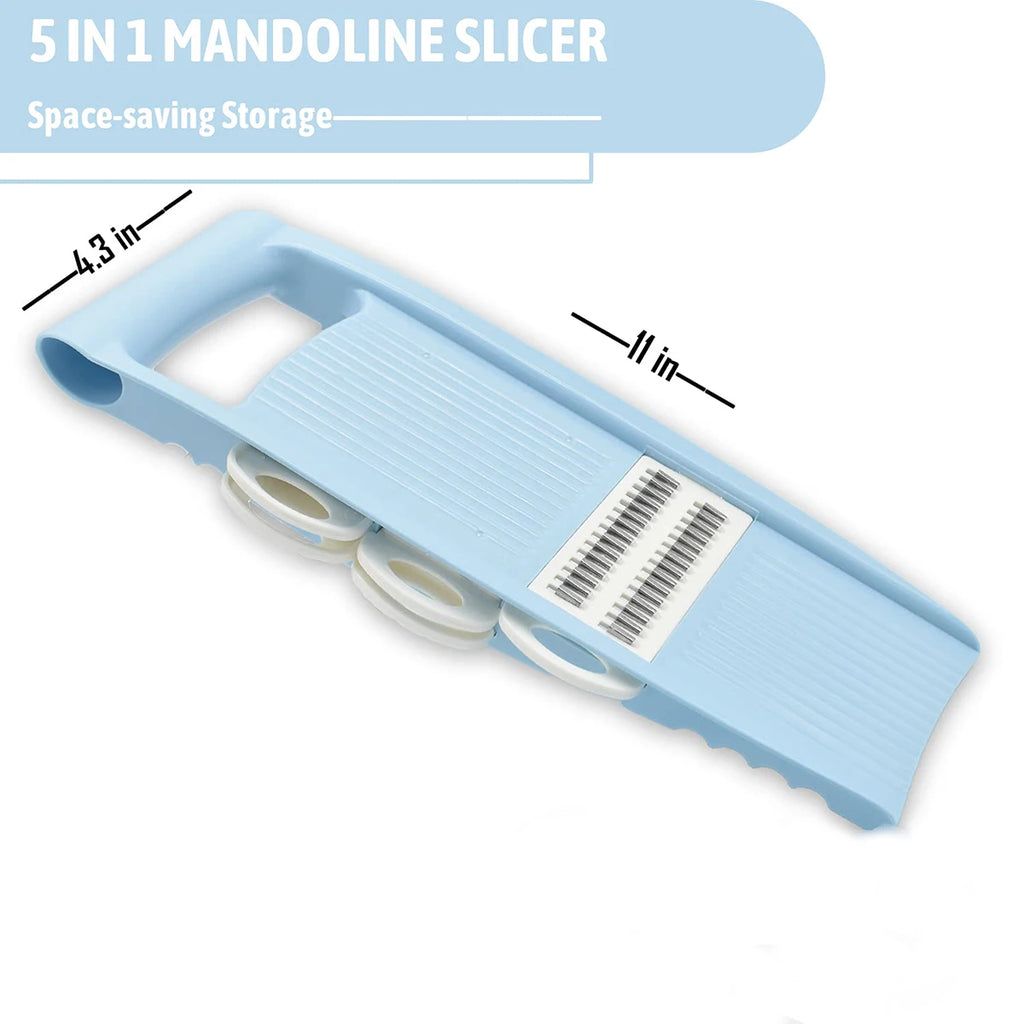 Blue mandoline slicer with dimensions labeled.