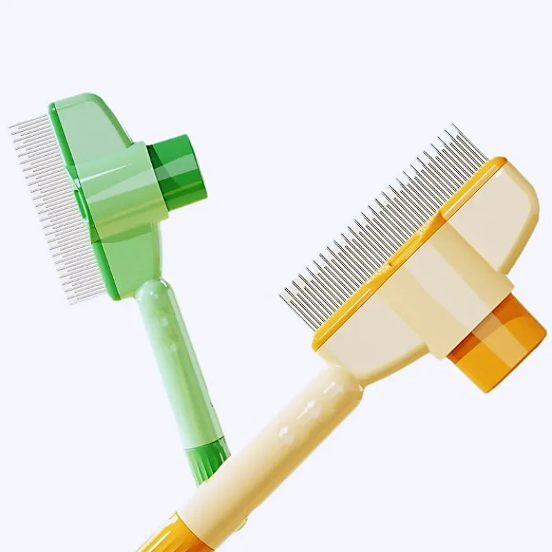 Two pet grooming brushes, one green and one beige with orange handles, on a white background.