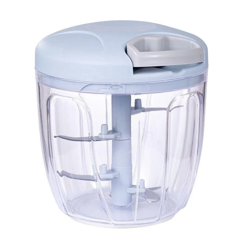 Handheld blender with clear container and light blue lid on a white background